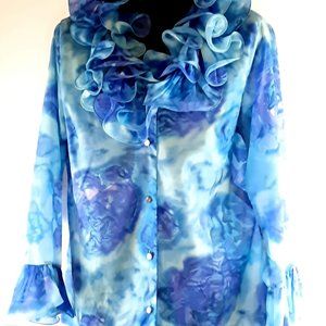 🌹Vintage Classic Elegant Cave Ruffle Blouse Purple & Blue